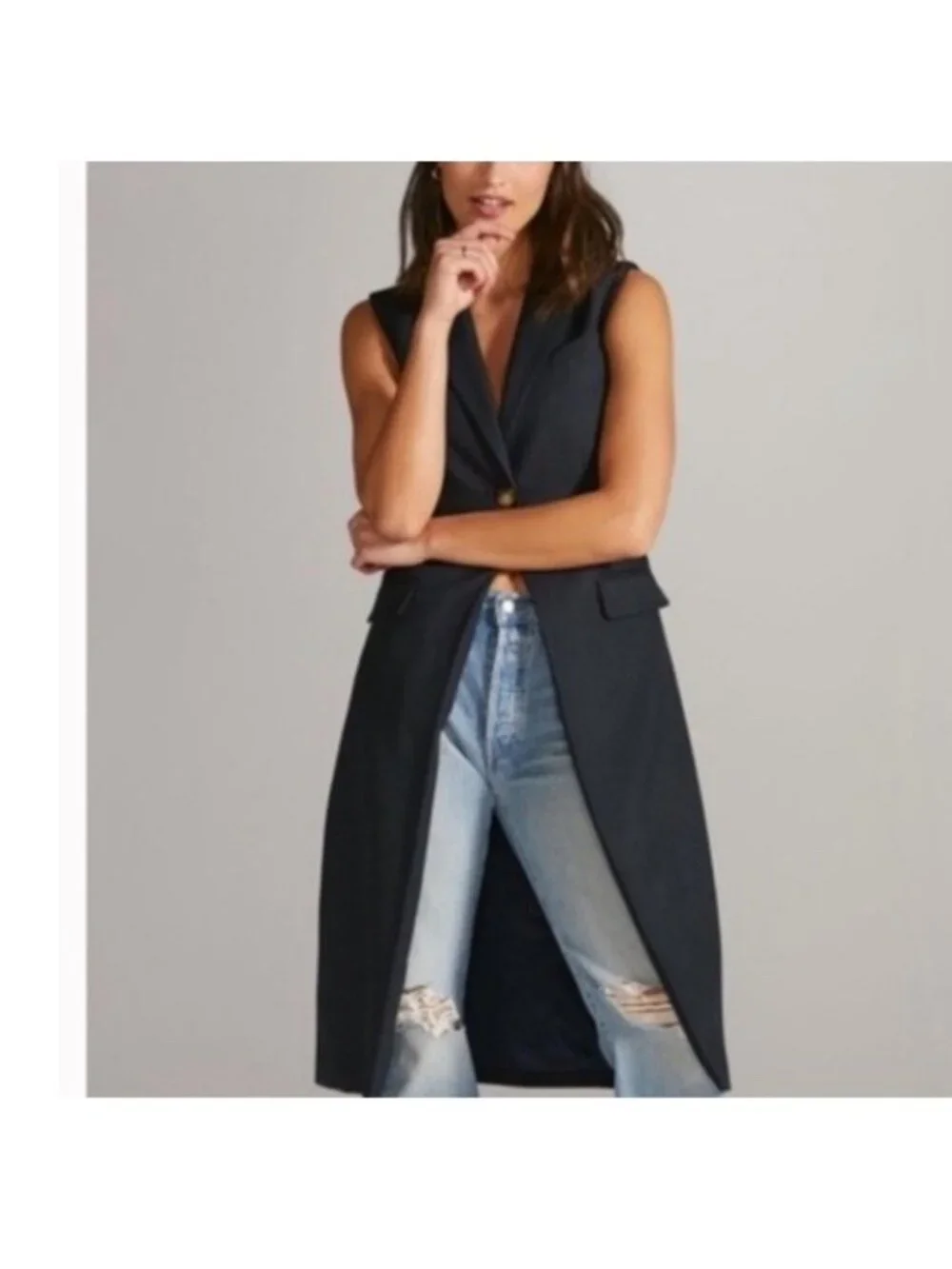MARE MARE X ANTHROPOLOGIE Women’s Small Navy/Marin Long-line Button Dressy Vest - Picture 2 of 16